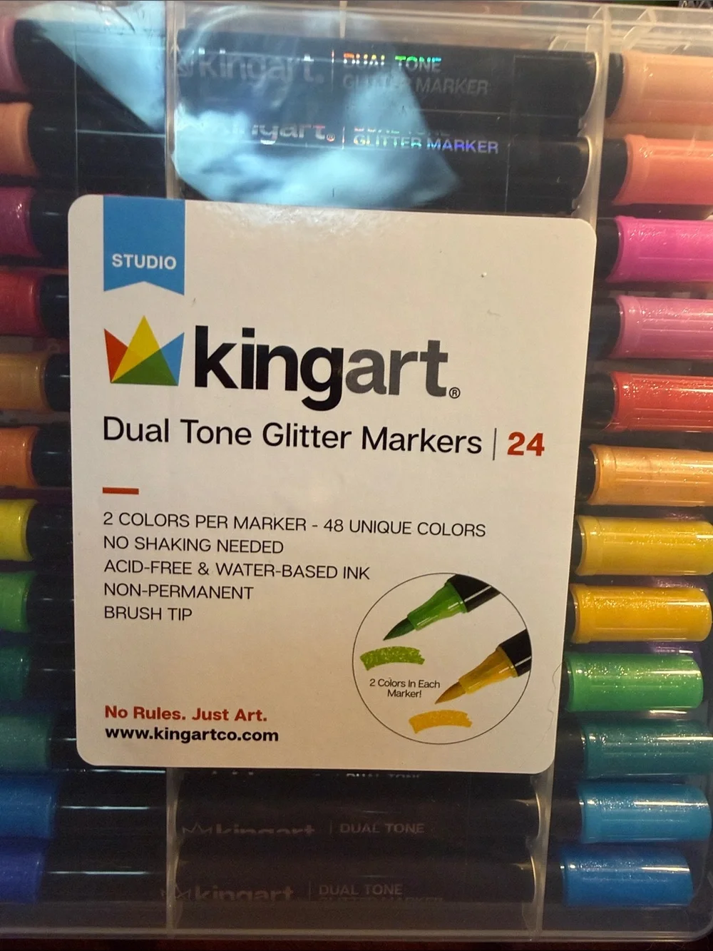 Kingart Studio Dual Tone Glitter Markers - Brush Tip - 24CT - W/Case - NEW
